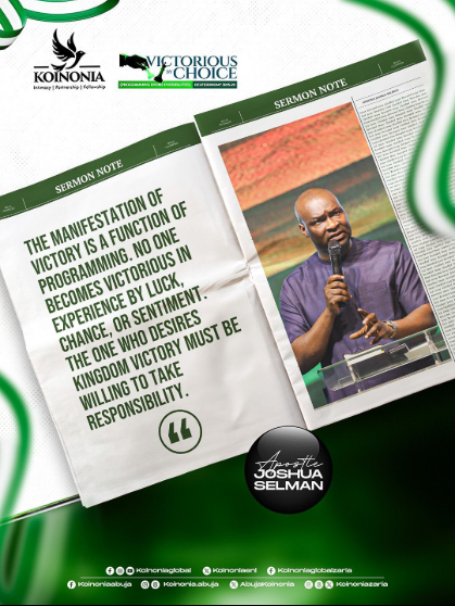 DOWNLOAD MP3: VICTORIOUS BY CHOICE (PROGRAMMING DIVINE POSSIBILITIES) BY Apostle Joshua Selman OCTOBER 5, 2025 1